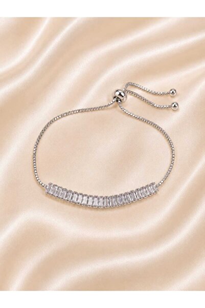 Jewelliss Rhodium Plated 5*2 mm Zircon Baguette Bracelet with Adjustable Chain