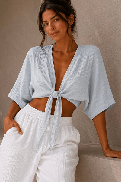 bb butik basic Γυναικεία μπλούζα μπολερό με δέσιμο από μουσελίνα, υπερμεγέθης...