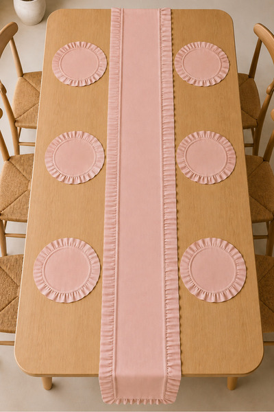 KaiHome Rosy Series 50X150 Pink Dak Linen Fabric Ruffle Detailed 6 Person 7 P...