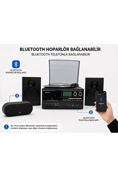 DOSOUND TR-18 Ahşap Hoparlörlü Pikap Çalar Kaset CD Bluetooth USB SD Müzik Sistemi