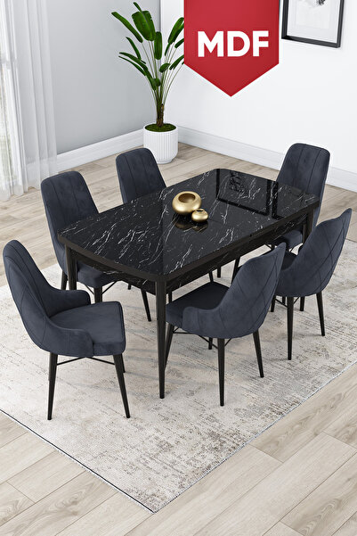 Canisa Lia Serisi 80x132 MDF Açılabilir Mutfak Masası Takımı Siyah Mermer Des...
