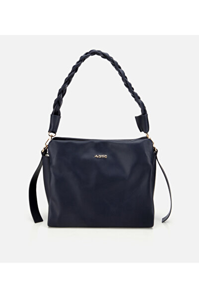 Hotiç Women's Leather Navy Blue Soft Textured Knitted Strap Detailed Shoulder...