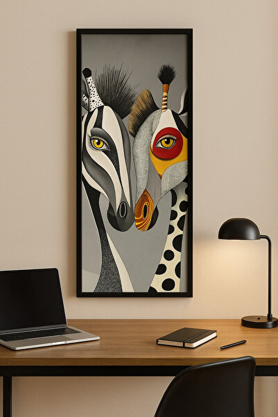 FourArts Dekoratif Tablo 25 x 60 cm Siyah Ahşap Çerçeve Soyut Zebra Duvar