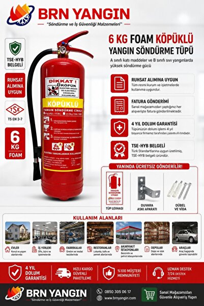 6 KG KÖPÜKLÜ YANGIN SÖNDÜRME TÜPÜ 4 YIL GARANTİLİ KULLANMA TALİMATI,YSC LEVHASI VE ASKI APARATI DAHİL