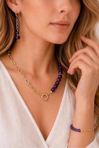 Camellie KY Jewels Royal Amethyst | Altın Kaplama Ataç Zincir Ametist Kolye B...