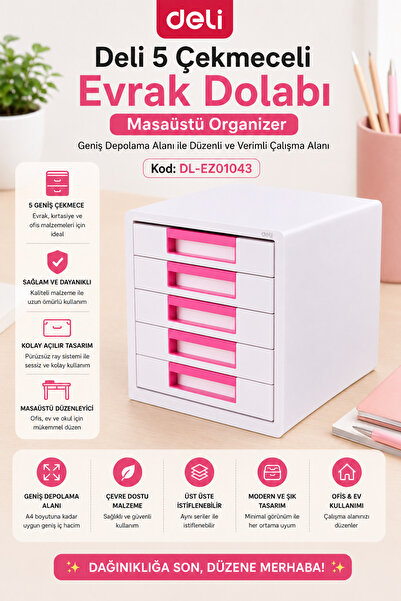 Deli 5 Çekmeceli Evrak Dolabı Pembe – Masaüstü Organizer, Geniş Depolama Alan...