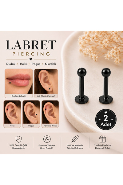 Heppii 2 Adet 316L Cerrahi Çelik Ucu Toplu Dil Dudak Piercingi Gümüş Gold Siy...