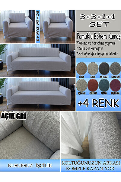 İLYEVTEKSTİLİ BOHEM PAMUKLU KUMAŞ KOLTUK KILIFI SETİ - 3+3+1+1 SET 7 KG GELME...