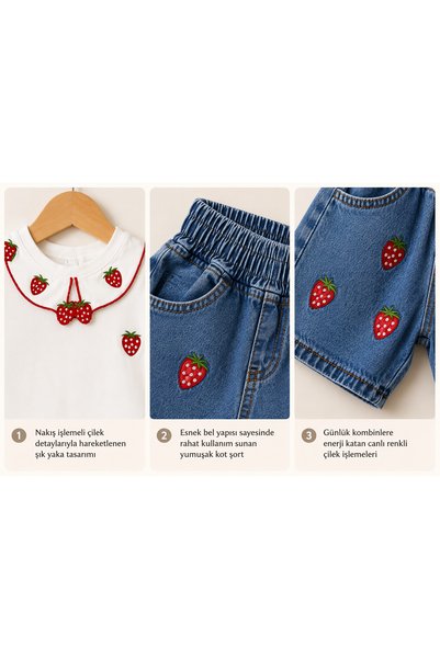 İncilay Kids Strawberry Embroidered Girls Shorts Set Summer Emir Baby