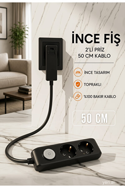 2-Piece Switch Thin Plug Group Socket 50 CM Grounded Child Protection Black