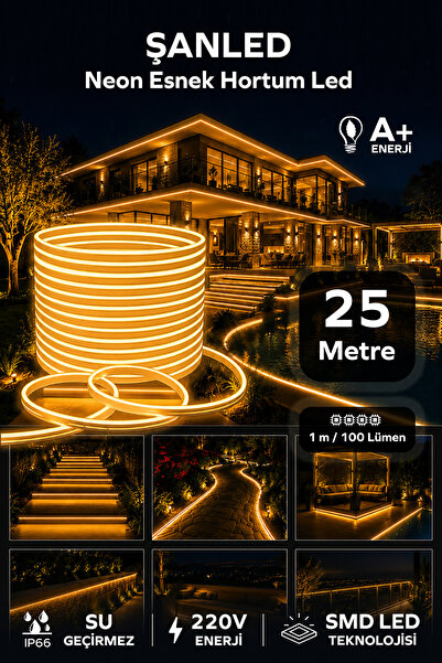 ŞANLED NEON Esnek Hortum Şerit Led Amber rengi + 220V Fiş/2,3,4,5,10,15,20,25...