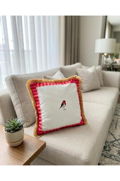 GÜLER HOME Kuş Nakışlı Çizgili Püsküllü Lüks Dekoratif Yastık Kılıfı