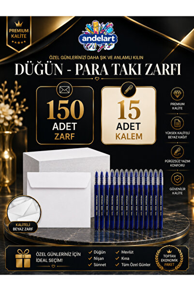 andelart Düğün, Para Takı Zarfı Ağzı Yapışkanlı 150 Adet Ve 15 Adet Tükenmez ...