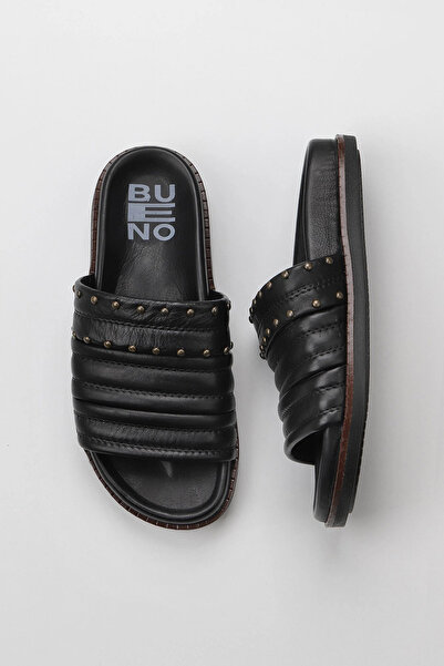 Bueno Shoes Μαύρες δερμάτινες γυναικείες φλατ παντόφλες 01wu5829