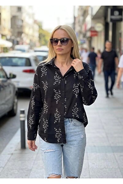 Garamak Desenli Oversize Keten Gömlek -siyah