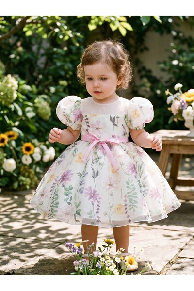 Greneric Floral Print Girl Princess Dress with Puff Sleeves & Pink Bow for 6-...