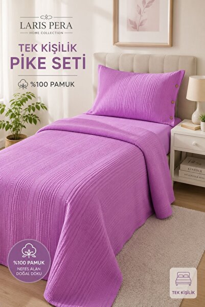 Larispera 100% Cotton Single Pique Bedspread Set with Border + 1 Buttoned Pil...