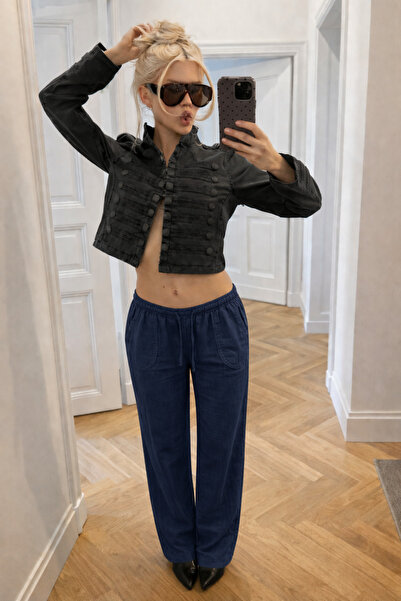 DAMGA JEANS Pantaloni de damă, la modă, cu talie joasă, largi, din in, albast...