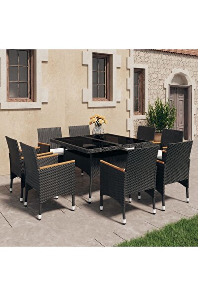 Concept Set mobilier de grădină, 9 piese, negru, poliratan, lemn acacia