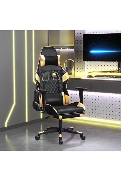 Concept Scaun de gaming cu suport picioare negru/auriu, piele ecologică