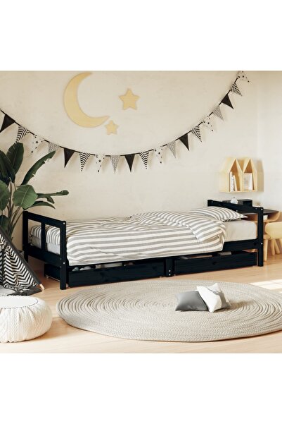 Concept Cadru pat copii cu sertare, negru, 80x200 cm, lemn masiv de pin