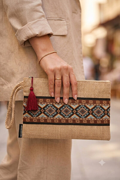 Ju Yaratıcı Tasarım Hasır Kadın Portföy & Clutch Çanta Kahve