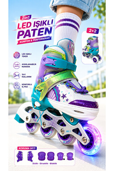 YILDIRIM OYUNCAK حذاء تزلج للأطفال بتصميم حورية البحر مع إضاءة LED 2 في 1 + م...