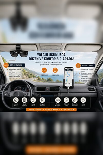Kinlee Araç İçi Telefon Tutucu + Güneşlik Gözlük Tutucu İkili Set