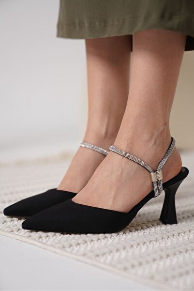 Generic Brand Women's black satin heeled shoes with stones tr12ms04a
