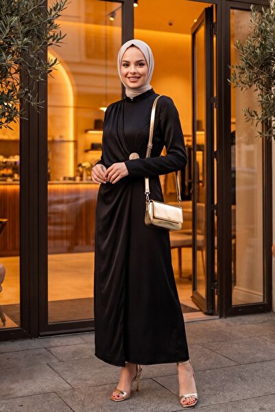 Modamorfo Buckle Detailed Double Layered Asymmetrical Sleeve Satin Evening Dr...