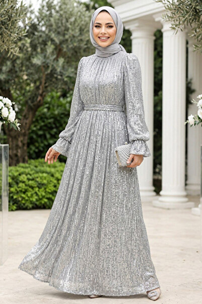 Neva Style Payetli Gri Tesettür Abiye Elbise 44961GR