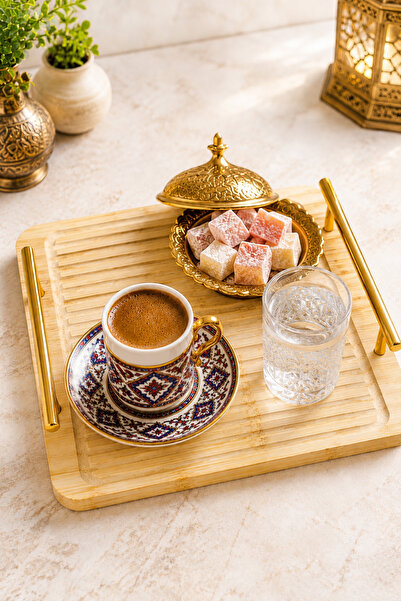 Karçiçeği Home Rectangular Bamboo Presentation Tray with Gold Handles – Coffe...