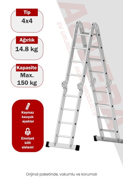 ASVERA 4.7 Metre Çok Amaçlı Akrobat Merdiven - 16 Basamaklı 4x4 Katlanır Prof...