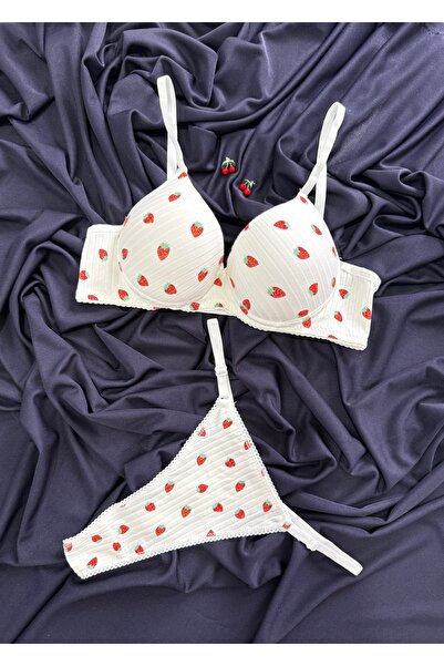 İNKO İÇ GİYİM Strawberry Patterned Cotton Padded Supportive Bra & Thong Set