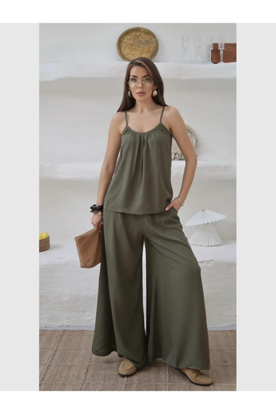 MODA Women's Double Suit - Rope Strap Blouse; Wide Leg Trousers with Pockets