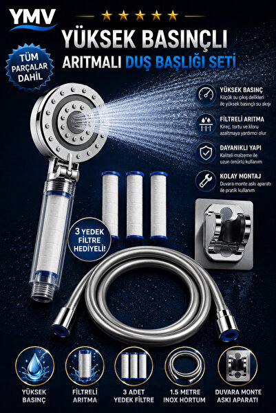 Shower Head Set with Filter | 150 CM Unbreakable PVC Hose + Adjustable Shower Hanger 3-Piece Bathroom Set