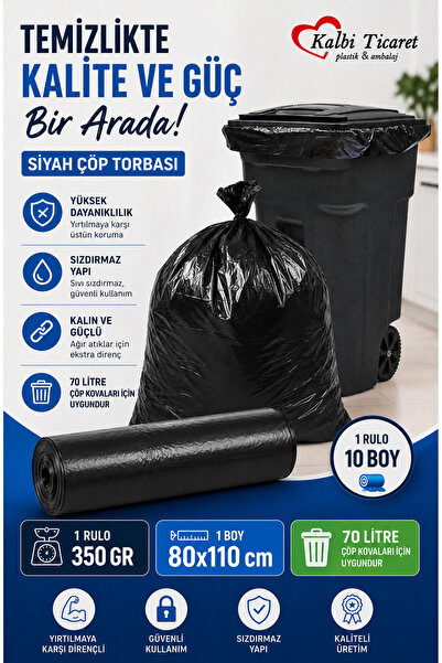 Kalbi Ticaret Kalın Çöp Torbası 10'lu Boy 350 gr X 1 Rulo Siyah Çöp Poşeti 80...
