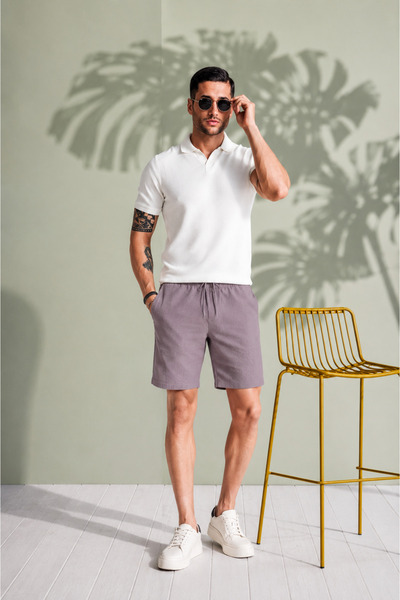 BRACCAS Erkek Yandan Cepli Beli Lastikli Keten Dokulu Relaxed Fit Jogger Şort...