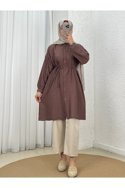 BENAHOLL Marira Büzgülü Bağcıklı Uzun Çilek Gömlek-PE262 Kahve