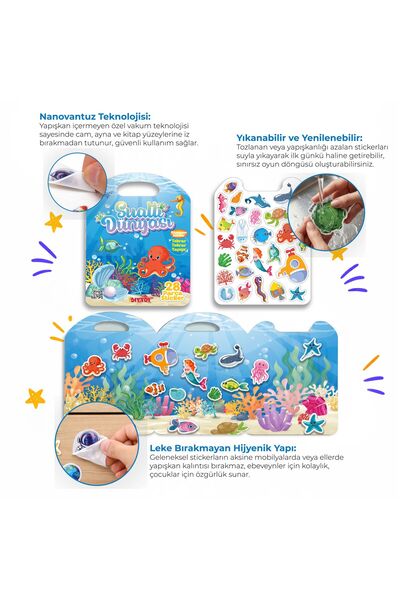 Diytoy Nano Vantuzlu Bitmeyen Sticker Seti - Yıkanabilir, Yırtılmaz Eğitici Tekrar Tekrar Yapışan Bitmeyen Nano Vantuz Sticker Su Altı Dünyam