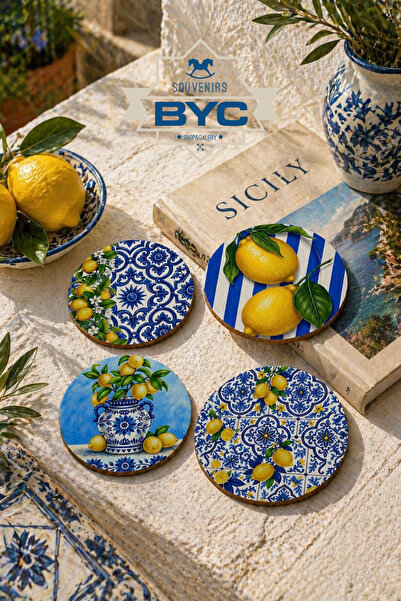 BYC TÜRKİYE Limon Desenli Bardak Altlığı 4’lü Set – Sicilya Temalı - 9 cm, 3 ...