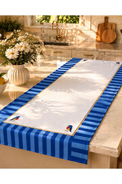 Karam Home 40x140 cm Dokuma Kumaş Mavi Pip Love Baskılı Runner