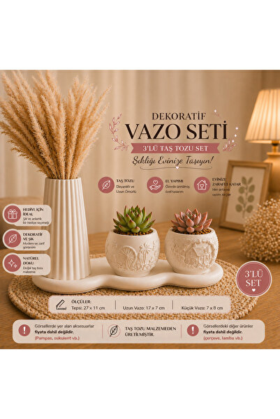 POSTOJNA 3’lü Taş Tozu Dekoratif Vazo Seti | Pampas & Sukulent Uyumlu El Yapı...