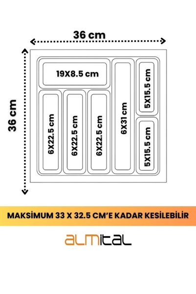 almital mobilya aksesuarları furniture accessories حامل ملاعق أنثراسيت داخل الدرج مقاس 36×36 (يمكن قطعه حتى 33×32.5 سم)