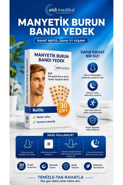 ELDİ MANYETİK BURUN AÇICI YEDEK YAPIŞKAN BANDI,30 çift (30 Günlük),Horlama, B...
