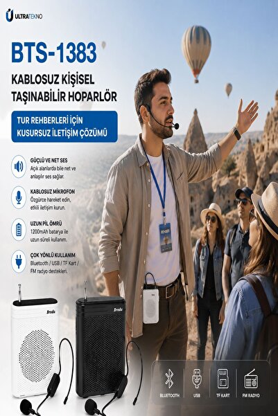 ULTRATEKNO Kablosuz Mikrofonlu Rehber Amfisi 3" Subwoofer Hoparlör Bluetooth Fm Usb Tf Kart Destekli Hoparlör