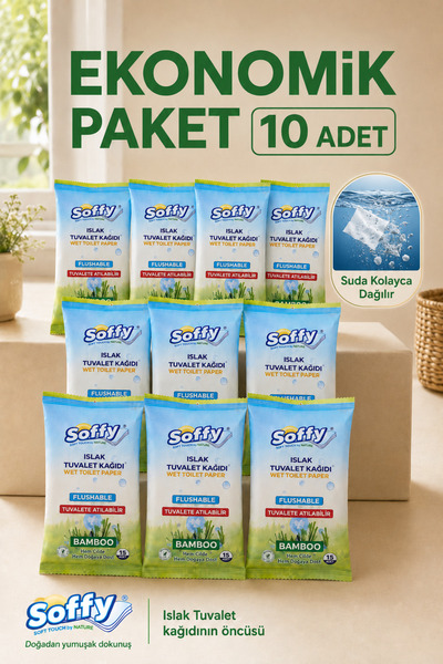 Soffy 10*15 Paket Islak Tuvalet Kağıdı Klozete Atılabilen Flushable