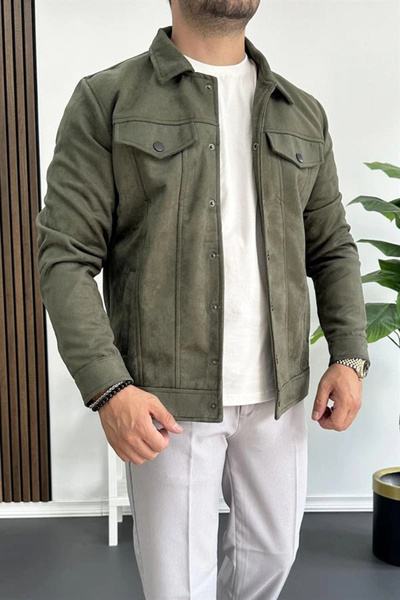 Edwox Jachetă pentru bărbați din nubuc, slim fit, cu buzunare, verde Edw081