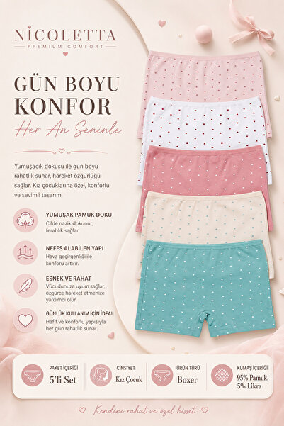 Nicoletta Girl's Boxer Briefs 5 Pack Cotton Lycra Hearted Garson