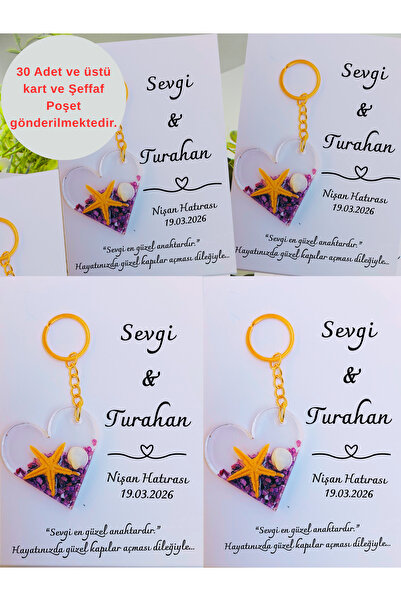 Mor Kalpli Anahtarlık 10 adet Nişan, Nikah, Söz, Kına, Doğum Günü, Düğün, Hediyeliği Kartlı